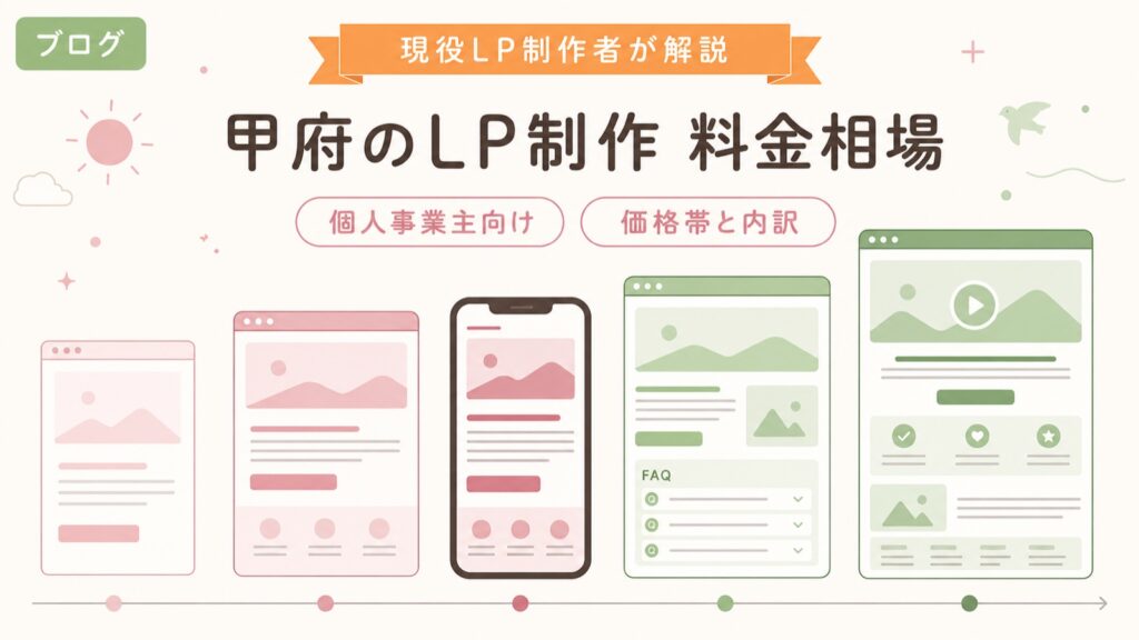 甲府のLP制作の料金相場｜個人事業主向け価格帯と内訳の記事アイキャッチ画像。5つのLPサイズ比較とタイトル文字入り