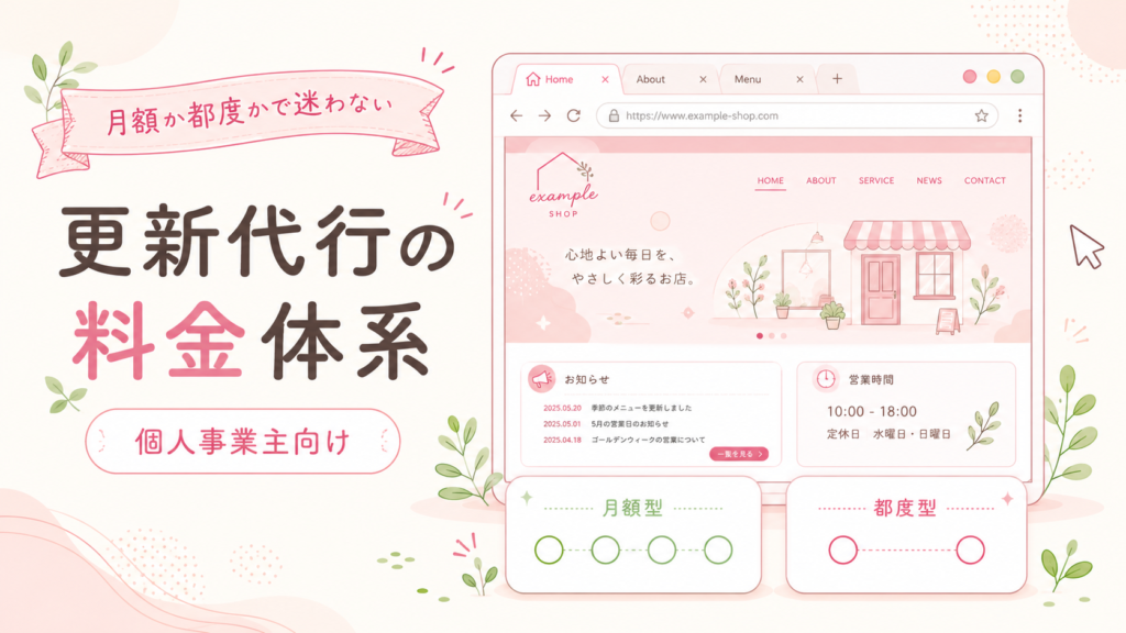 ホームページ更新代行の料金体系（月額型と都度型）を表すブラウザ画面とふたつの料金の形のイラスト