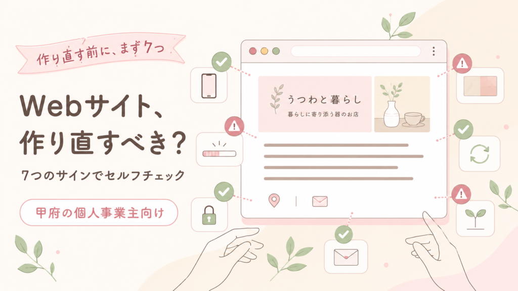 Webサイトを作り直すべきか7つのサインでセルフチェックするイメージ（甲府の個人事業主向け）
